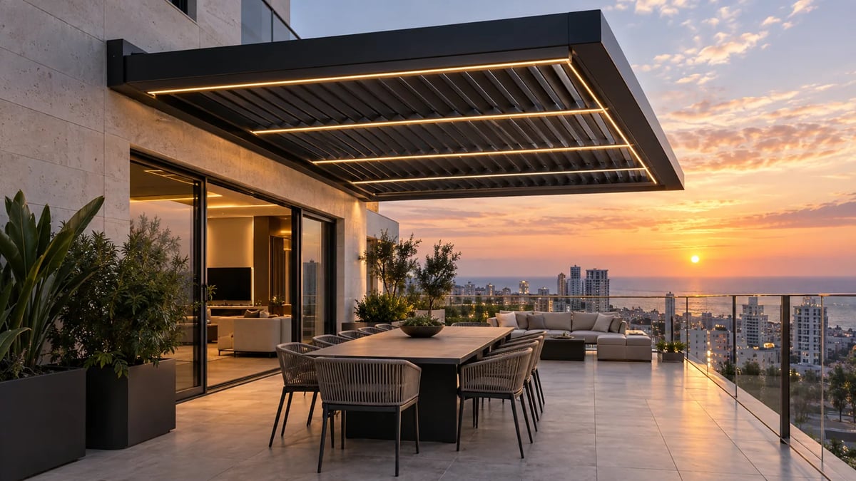 פרגולה תלויה אנתרציט עם למלות ופסי תאורה במרפסת גג מול שקיעה – דגם פנטהאוז פרימיום