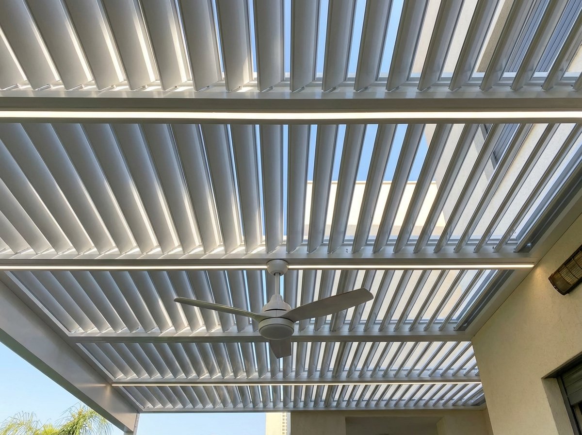 תקרת רפפות לבנות עם פסי תאורה ומאוורר תקרה, מבט מלמטה