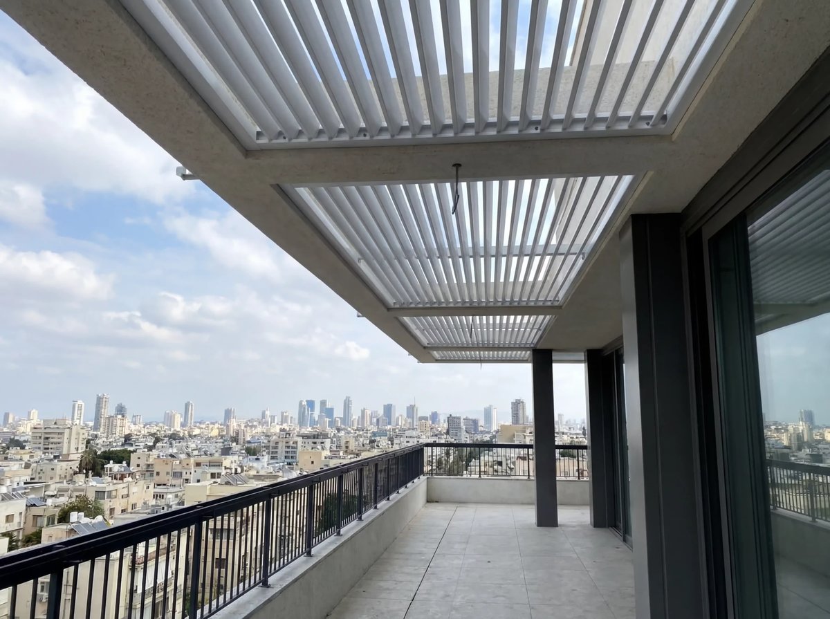 שלבים לבנים בתקרת מרפסת גג בנויה עם נוף לקו הרקיע
