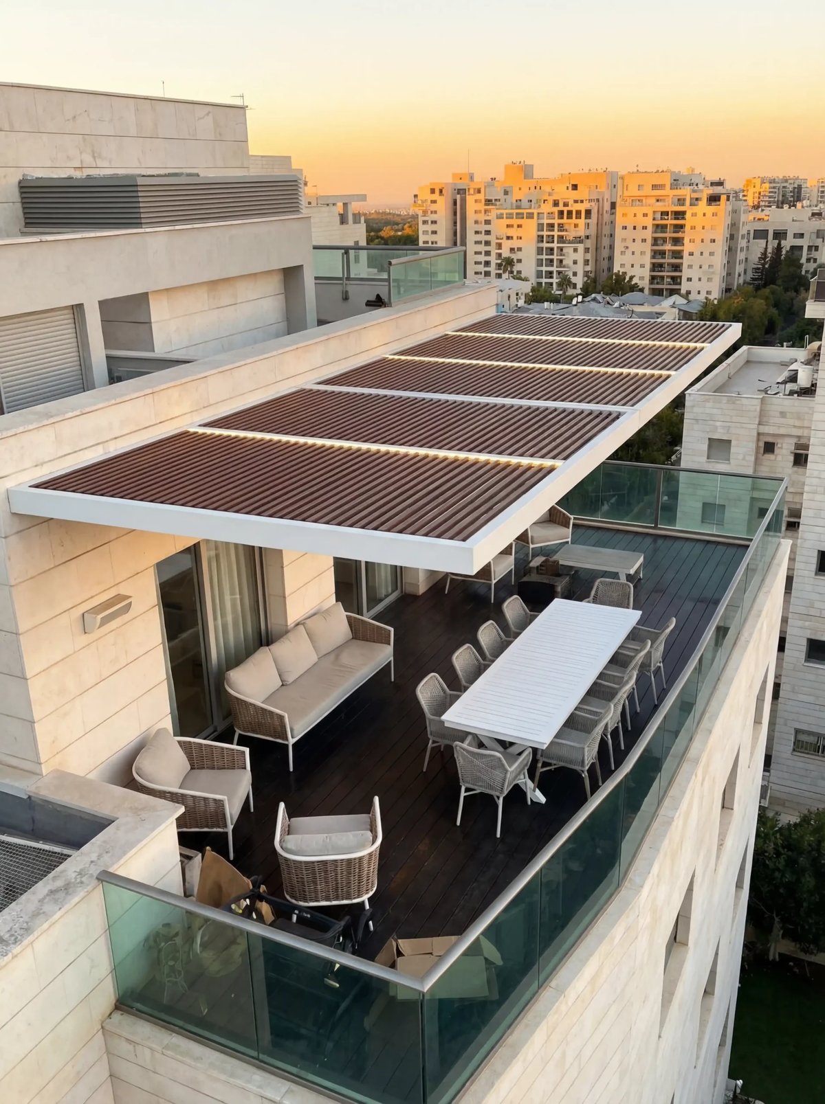 מבט מלמעלה על פרגולה תלויה דמוי עץ מעל מרפסת גג עם פינת אוכל